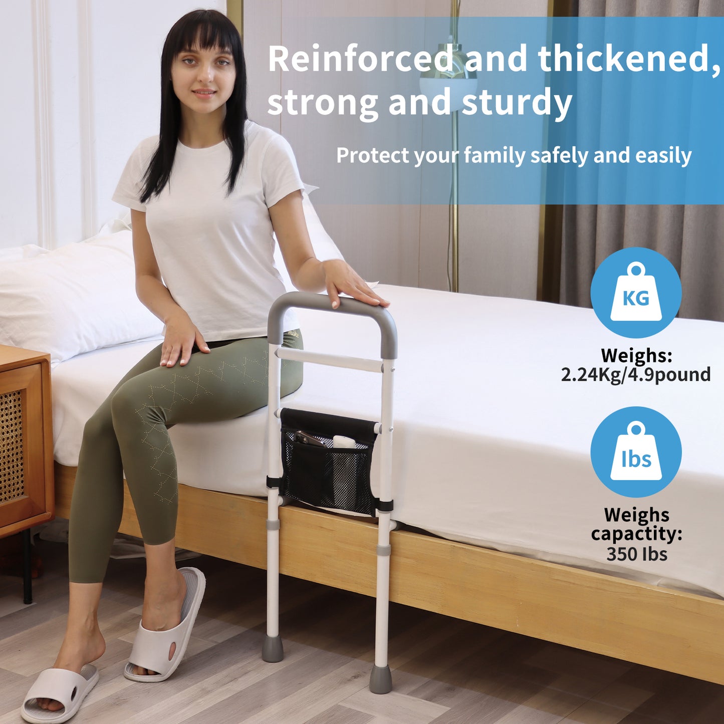 WeHwupe Bed Rails for Elderly Adults Height Adjustable Bed Assist Rail for Seniors Safety Bed Handle with Leg Bedside Fall Prevent Grab Bar with Storage Pocket Fits King Queen Full Twin Bed