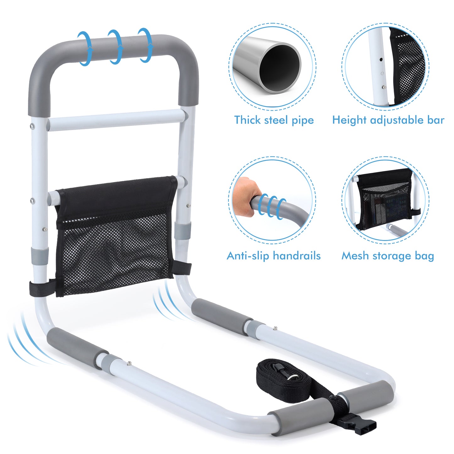 WeHwupe Bed Rails for Elderly Adults Safety Height Adjustable Bed Assist Rail for Seniors Bedside Fall Prevent Grab Bar with Storage Pocket Fits King Queen Full Twin Bed