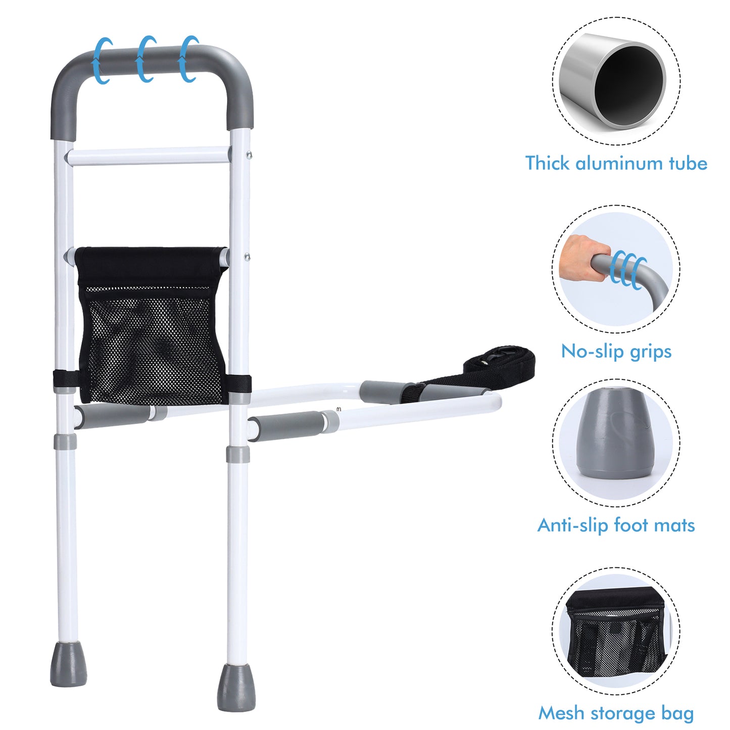 WeHwupe Bed Rails for Elderly Adults Height Adjustable Bed Assist Rail for Seniors Safety Bed Handle with Leg Bedside Fall Prevent Grab Bar with Storage Pocket Fits King Queen Full Twin Bed