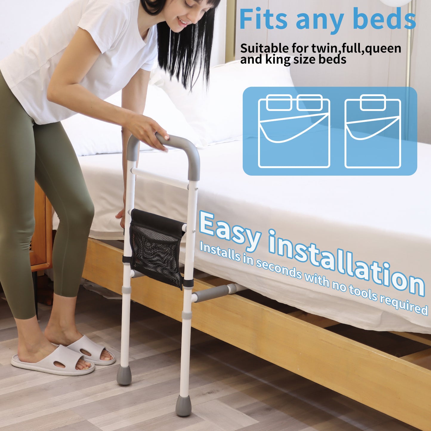 WeHwupe Bed Rails for Elderly Adults Height Adjustable Bed Assist Rail for Seniors Safety Bed Handle with Leg Bedside Fall Prevent Grab Bar with Storage Pocket Fits King Queen Full Twin Bed
