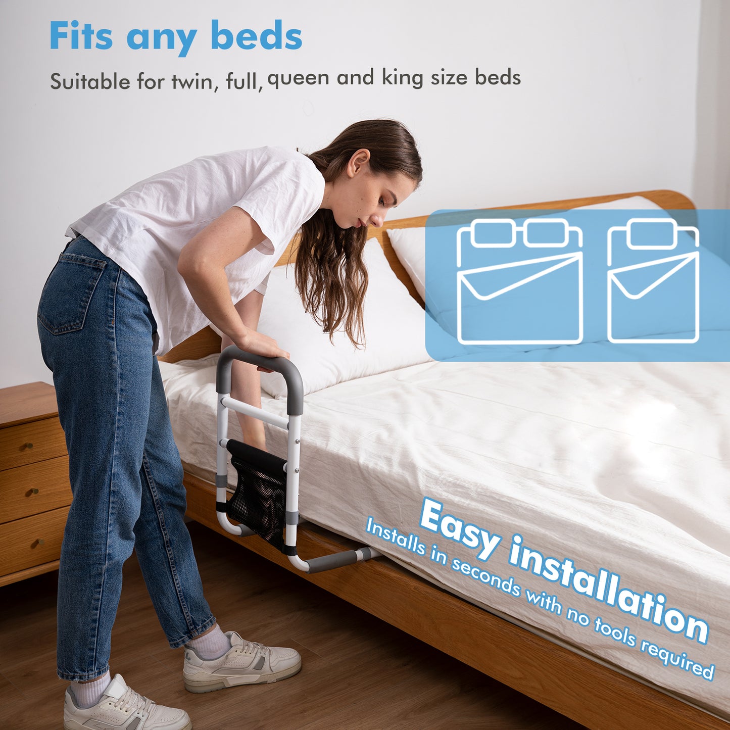 WeHwupe Bed Rails for Elderly Adults Safety Height Adjustable Bed Assist Rail for Seniors Bedside Fall Prevent Grab Bar with Storage Pocket Fits King Queen Full Twin Bed