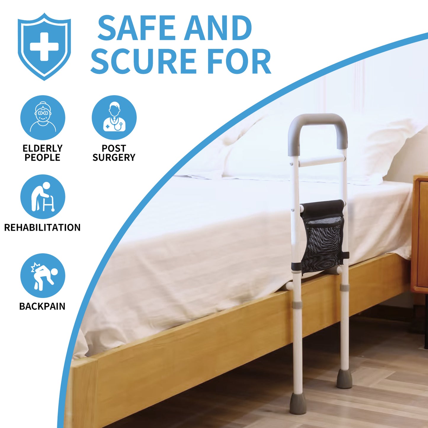 WeHwupe Bed Rails for Elderly Adults Height Adjustable Bed Assist Rail for Seniors Safety Bed Handle with Leg Bedside Fall Prevent Grab Bar with Storage Pocket Fits King Queen Full Twin Bed