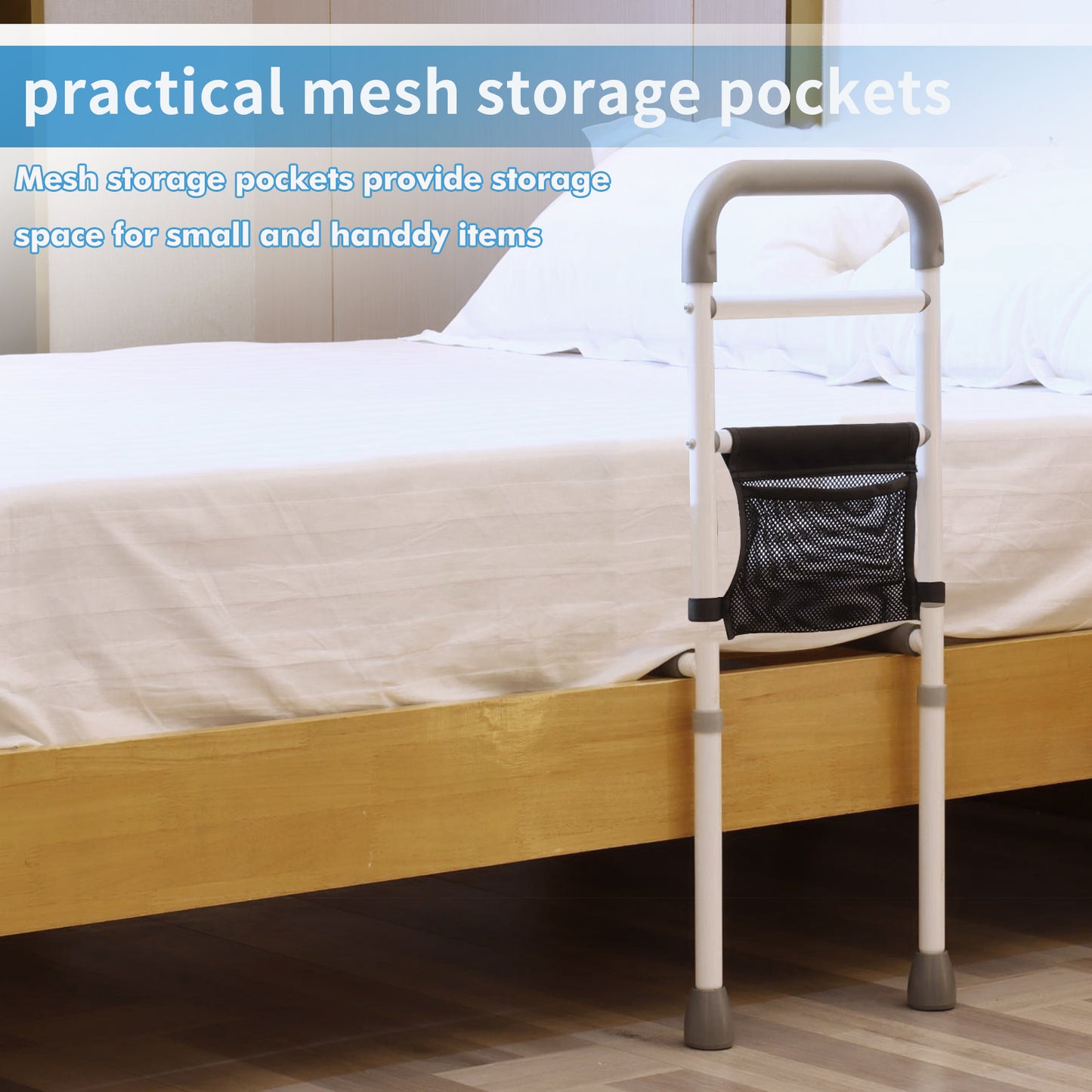 WeHwupe Bed Rails for Elderly Adults Height Adjustable Bed Assist Rail for Seniors Safety Bed Handle with Leg Bedside Fall Prevent Grab Bar with Storage Pocket Fits King Queen Full Twin Bed