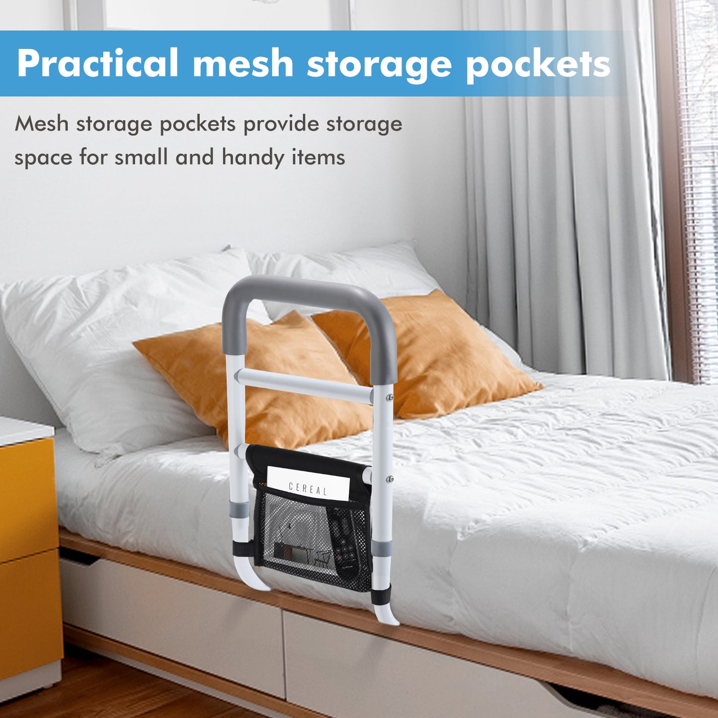 WeHwupe Bed Rails for Elderly Adults Safety Height Adjustable Bed Assist Rail for Seniors Bedside Fall Prevent Grab Bar with Storage Pocket Fits King Queen Full Twin Bed