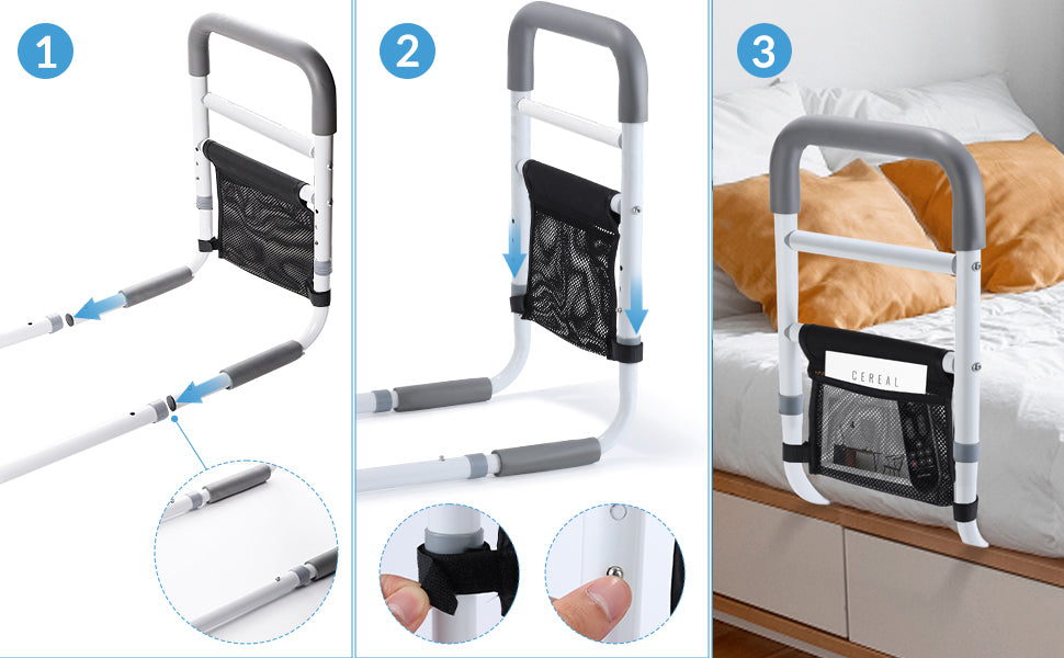 WeHwupe Bed Rails for Elderly Adults Safety Height Adjustable Bed Assist Rail for Seniors Bedside Fall Prevent Grab Bar with Storage Pocket Fits King Queen Full Twin Bed