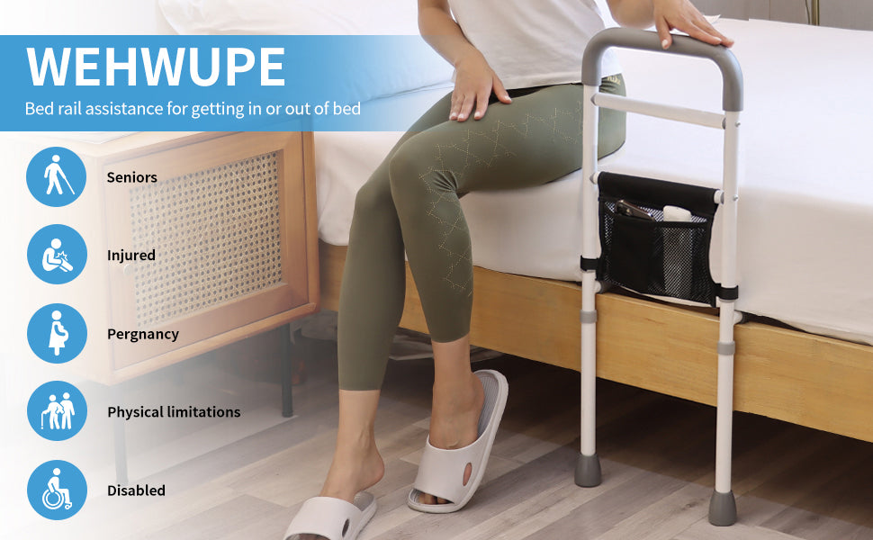 WeHwupe Bed Rails for Elderly Adults Height Adjustable Bed Assist Rail for Seniors Safety Bed Handle with Leg Bedside Fall Prevent Grab Bar with Storage Pocket Fits King Queen Full Twin Bed