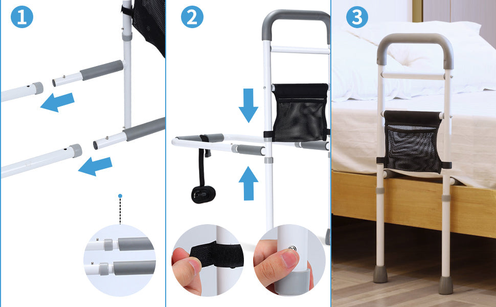 WeHwupe Bed Rails for Elderly Adults Height Adjustable Bed Assist Rail for Seniors Safety Bed Handle with Leg Bedside Fall Prevent Grab Bar with Storage Pocket Fits King Queen Full Twin Bed