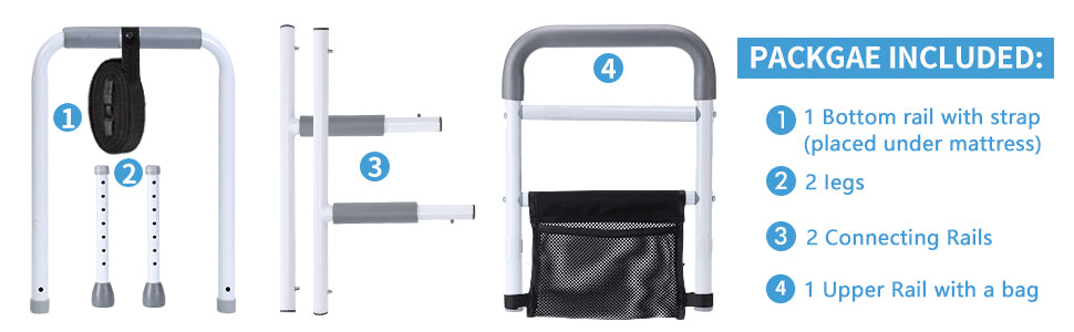 WeHwupe Bed Rails for Elderly Adults Height Adjustable Bed Assist Rail for Seniors Safety Bed Handle with Leg Bedside Fall Prevent Grab Bar with Storage Pocket Fits King Queen Full Twin Bed